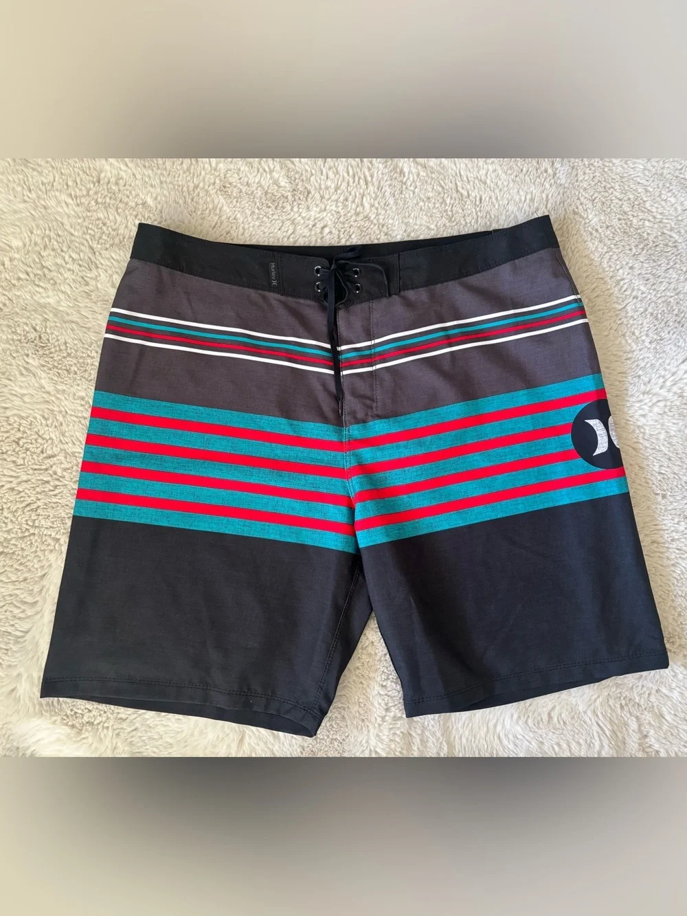 NWT Hurley Black Swim Trunk Board Trunks w/Teal Red White Stripes Size: 36